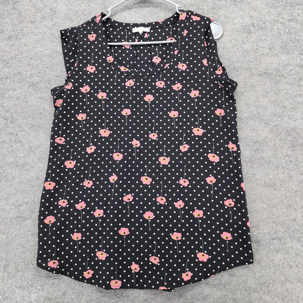 Pleione Blouse Womens Small Sleeveless Black Polka Dot Floral